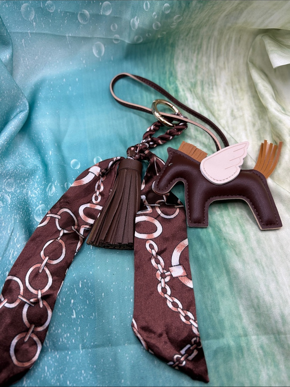 Pegasus Horse Purse Charm- Brown, tan and white. Tassel & Brown & White Twilly